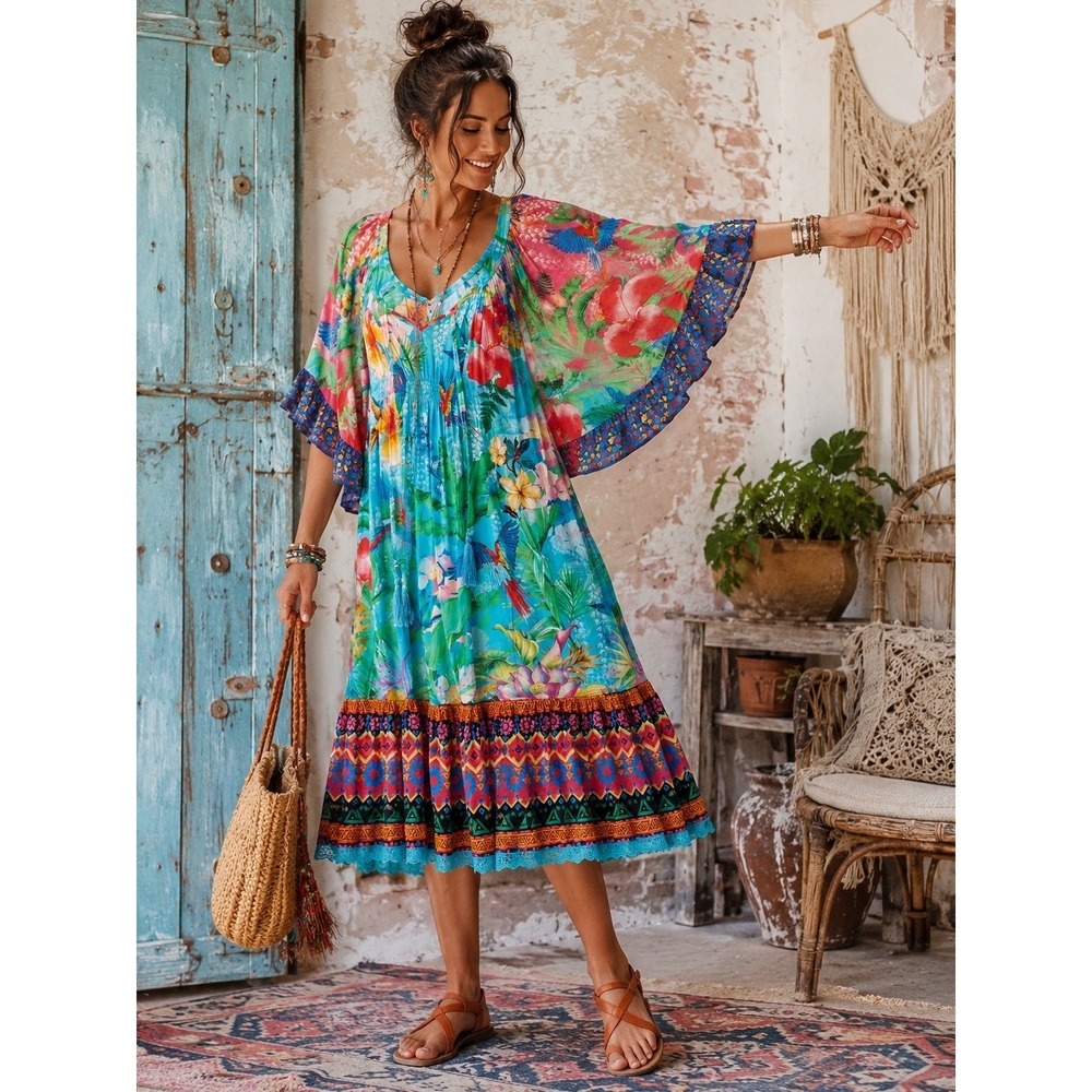 Boho Beach Summer Rare Lulalife Turquoise Tropical Parrot Floral Tassel S‎ Dress